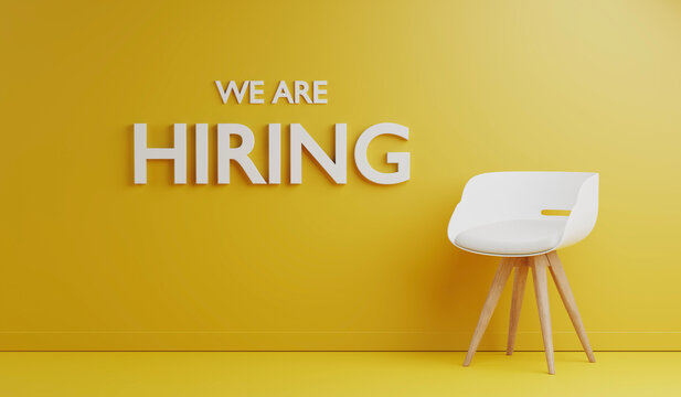 A white modle chair on yellow background with texts WE ARE HIRING, white modle chair with yellow wall, copy space for text, hiring concpept.