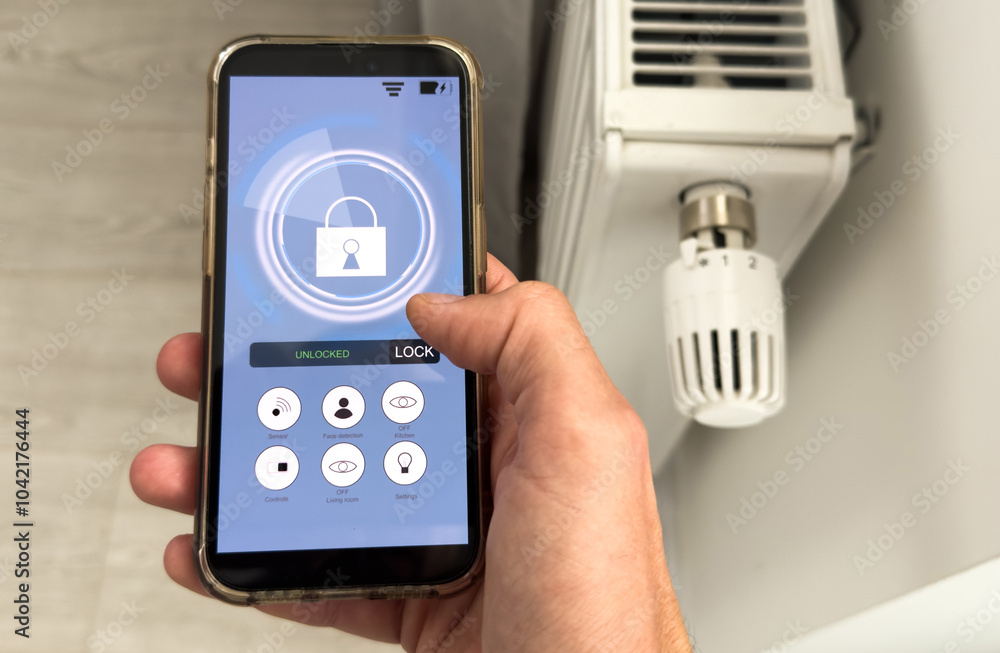 Poster application for managing connected thermostatic heads. the app indicates the name of each room with 
