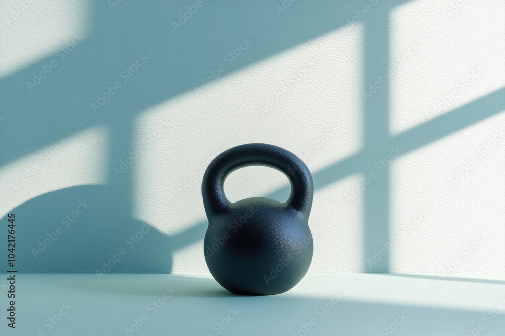 Poster a minimalistic black kettlebell is positioned on a pale surface, illuminated by gentle sunlight, per