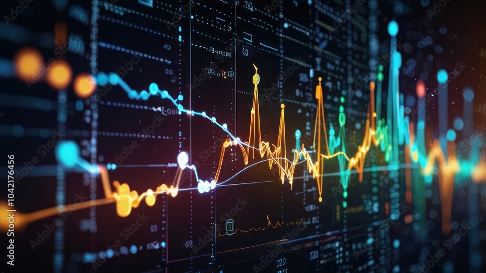 Poster abstract digital chart with colorful lines, dots, and data points.