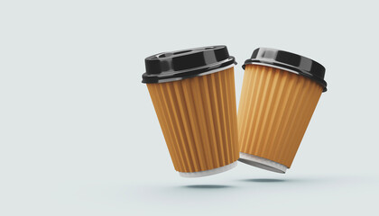 Two blank coffee cups with a plastic lids cup cover ,Mockup. 3d rendering.