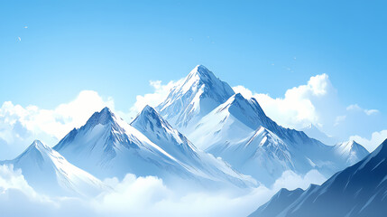 Majestic snow-capped mountain peaks rise against a pristine blue sky, showcasing nature's grandeur and tranquility in a serene alpine landscape. Snow-capped Peaks. Illustration