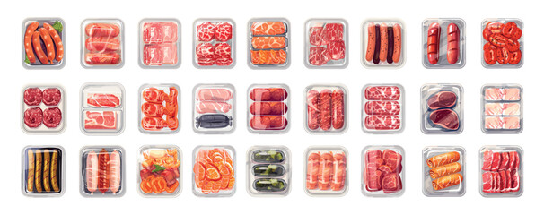 Plastic tray meat semi finished products cartoon vector set. Beef bacon steak pork sausage chicken fillet packaging vacuum containers, fresh frozen cooled culinary, isolated illustrations