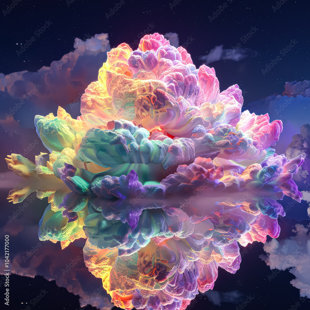 Poster colorful flower with a rainbow of colors is floating in the sky. the flower is surrounded by clouds 