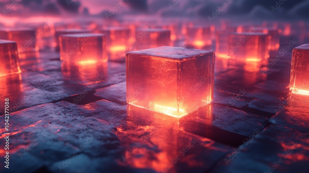 Aufkleber A striking display of glowing ice cubes rests on a smooth, reflective surface under a twilight sky, blending warmth and chill in a captivating manner.