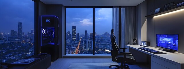 Gaming room with a white desk, a black gaming chair, and a large LED screen overlooking the city view of Bangkok from the window