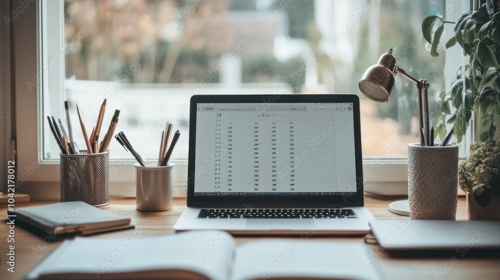 Poster a laptop with a spreadsheet open sits on a desk in front of a window. there are notebooks, pencils, 