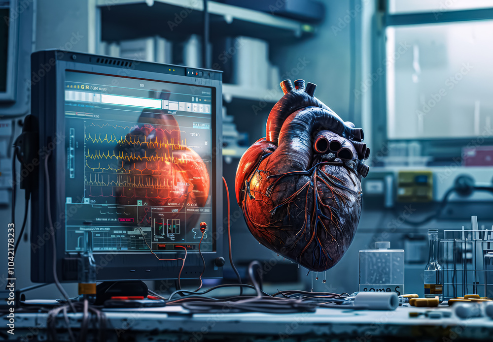 Poster computer monitor displays a heart on a screen. the heart is surrounded by wires and tubes, and there