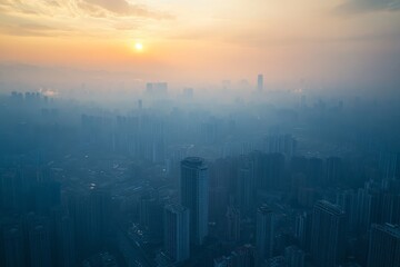 Fototapeta premium Misty City Skyline at Sunrise