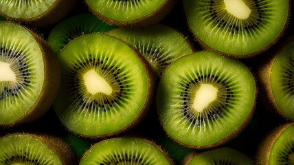 Fresh kiwi slices arranged beautifully, showcasing vibrant green colors and unique texture against a dark background.