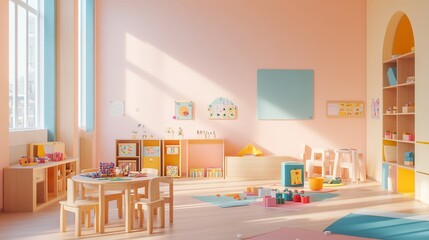 A bright and colorful playroom with a table and chairs, toys, and shelves.