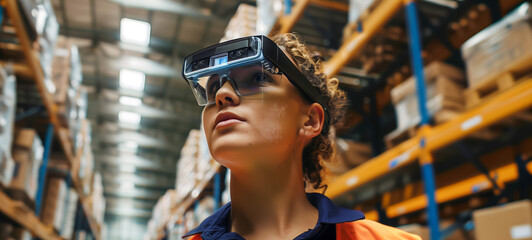 Warehouse worker using augmented reality glasses for inventory management