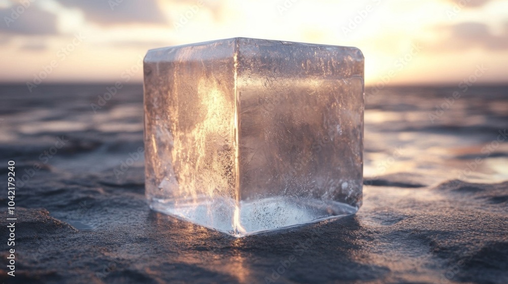 Poster an ice cube sits on the wet sand, glistening as it reflects the warm light of the setting sun. the b