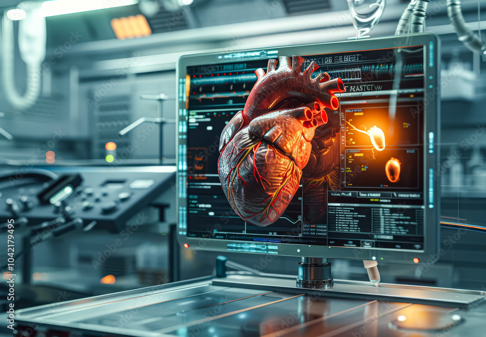 Poster computer monitor displays a heart on a screen. the heart is surrounded by wires and tubes, and there