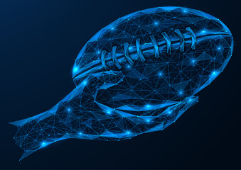 Hand holds a rugby ball. Polygonal design of interconnected lines and dots. Blue background.