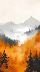 Fog-covered peaks in autumn mountains, with vibrant fall colors and misty valleys, creating a calm and peaceful atmosphere for landscape photography.