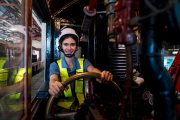 Engineer checking construction process railway and checking work on railroad station . Railway...