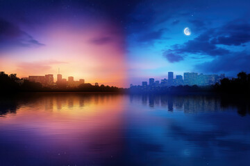 Dramatic sunset transitions to twilight over a calm city skyline reflected in water