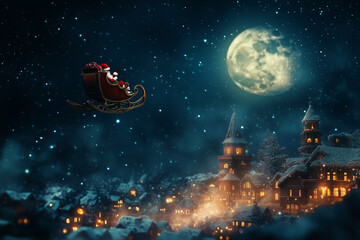 Naklejka premium red sleigh with santa and his reindeer flying through the sky. The sky is dark and the moon is visible. The scene is set in a small town with houses and buildings