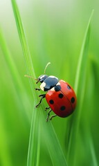 Obraz premium Ladybug on a green blade of grass.