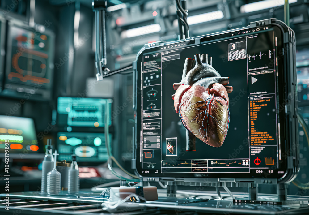 Poster computer monitor displays a heart on a screen. the heart is surrounded by wires and tubes, and there