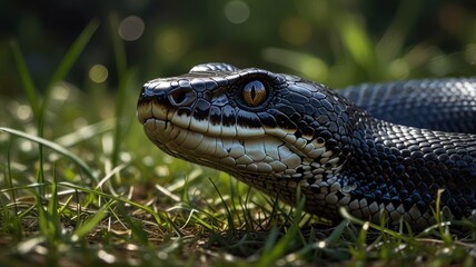 A black snake with a yellow eye looks directly at the camera. The snake's scales are visible in the sunlight, and the background is a blurry green of grass and leaves.