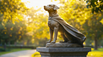 A heroic statue erected in memory of a brave dog that saved its child from a predator, a heroic monument to a puppy with a cape that waves proudly.