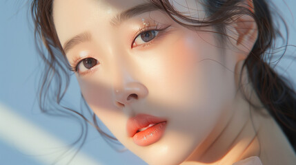 Fototapeta premium Beautiful Trendy Korean model fashion or singer Asian woman with stylish makeup look Ai generated 32k, full ultra hd, high resolution