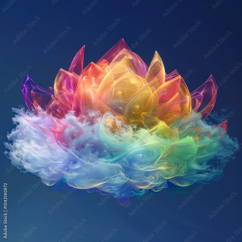 Poster colorful flower is floating in the sky above a cloud. the flower is made up of many different colors