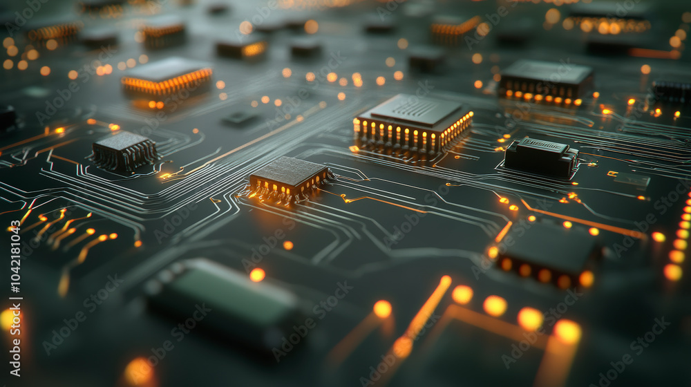 Poster a close-up of an illuminated circuit board showcasing glowing microchips and intricate pathways, hig