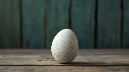 Single speckled egg standing on a rustic wooden table