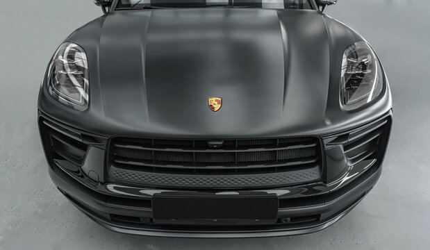 Rostov-on-Don, Russia - October 7, 2024: Front of a grey Porsche. Detailing Studio