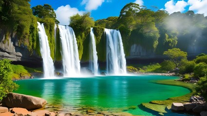 Stunning Tropical Waterfall Landscape - Vibrant Nature Art with Crystal Clear Water and Lush Greenery.