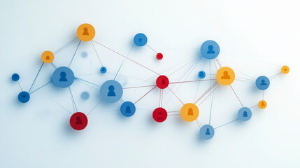 A colorful network of connected nodes with user icons, illustrating social connections or data exchange within a digital communication or organizational structure.