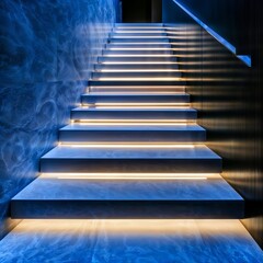 Illuminated staircase design. Modern staircase with LED strip lighting and blue smoke effect, creating a dramatic and futuristic atmosphere.
