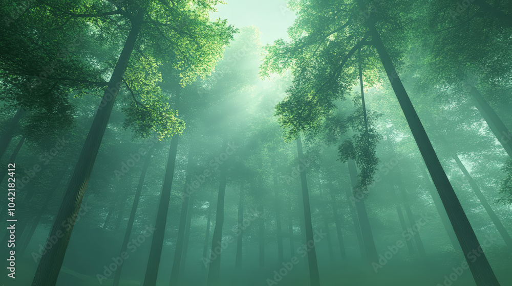 Poster sunlight filters through a lush, dense forest, casting a serene glow and creating a tranquil, misty 
