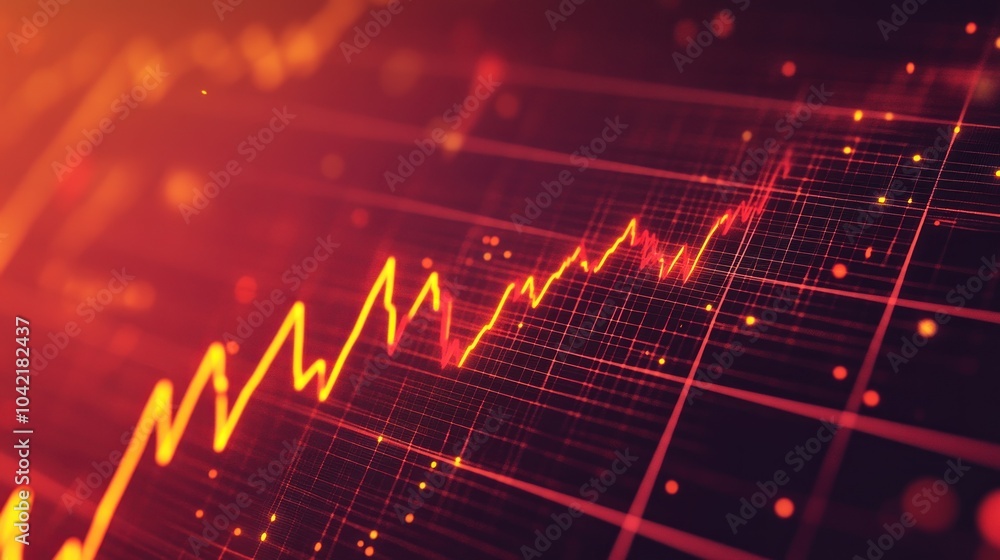 Poster a red and yellow line graph is shown on a black background with a grid pattern, representing data gr