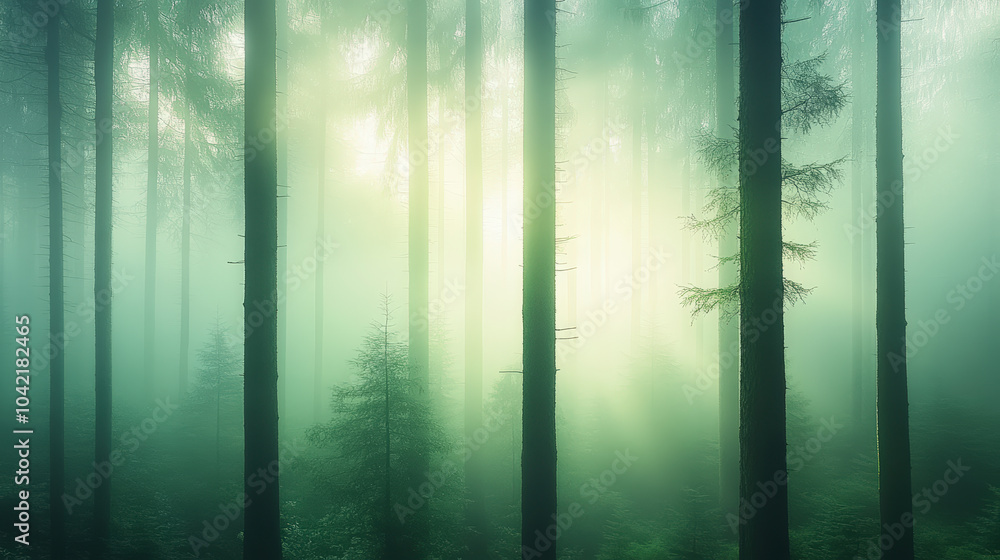 Aufkleber sunlight filters through the misty forest, casting an ethereal glow among tall trees and creating a 