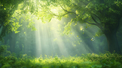 Obraz premium Sunlight streams through lush, green forest trees, casting ethereal beams onto the vibrant undergrowth, creating a serene and magical woodland scene.