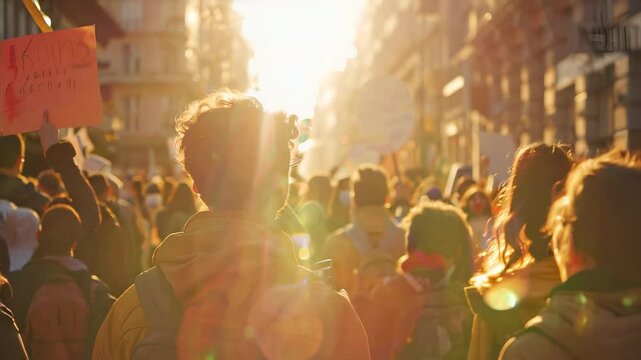 A crowd gathers in protest as the sun sets, creating a vibrant scene. Activists unite for a cause, filled with passion and energy in the urban landscape.