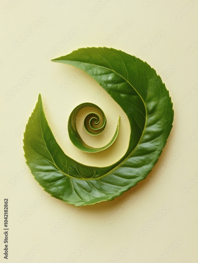 Poster A tea leaf elegantly spirals inward, creating a captivating design against a soft background that highlights its natural beauty. Generative AI