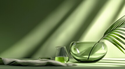 Minimalist green aesthetic with glassware and palm leaf