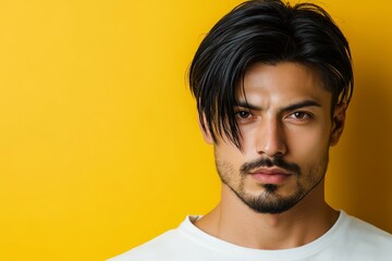 Fototapeta premium 明るい黄色の背景の前に立つ若い男性のポートレートとその魅力