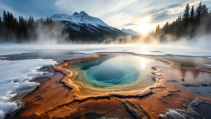 Colorful hot spring surrounded by snow-capped mountains