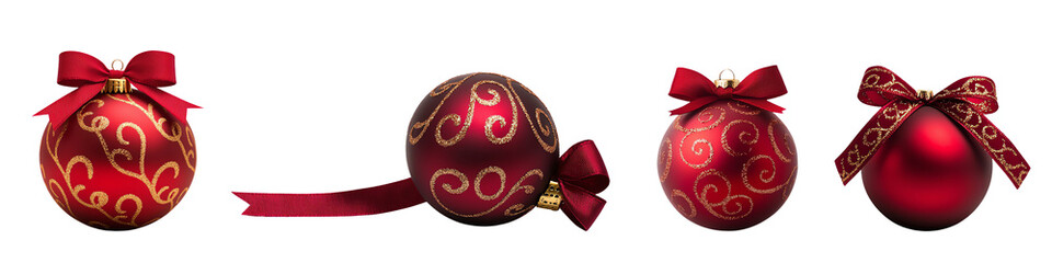 Four festive red Christmas ornaments with decorative ribbons, white isolate background. transparent background
