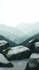 Misty autumn mountain scenery, with vibrant fall colors and fog enveloping the trees and peaks, perfect for reflective nature stock visuals.