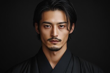 Obraz premium 和服を着た男性が暗い背景の前で真剣な表情を浮かべている瞬間