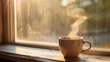 Coffee Cup with Steam on a Window Ledge
