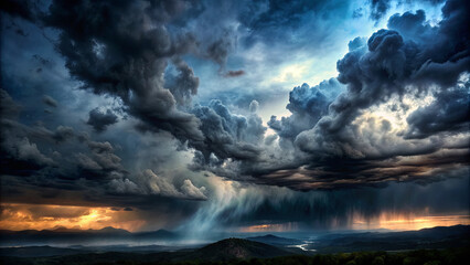 Fototapeta premium A breathtaking landscape reveals dark, swirling clouds heavy with rain above mountainous terrain as the sun sets, creating an awe-inspiring display of nature's dynamic forces