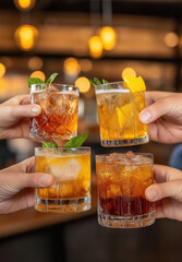 Friends celebrating with colorful cocktails at a lively bar during a summer evening